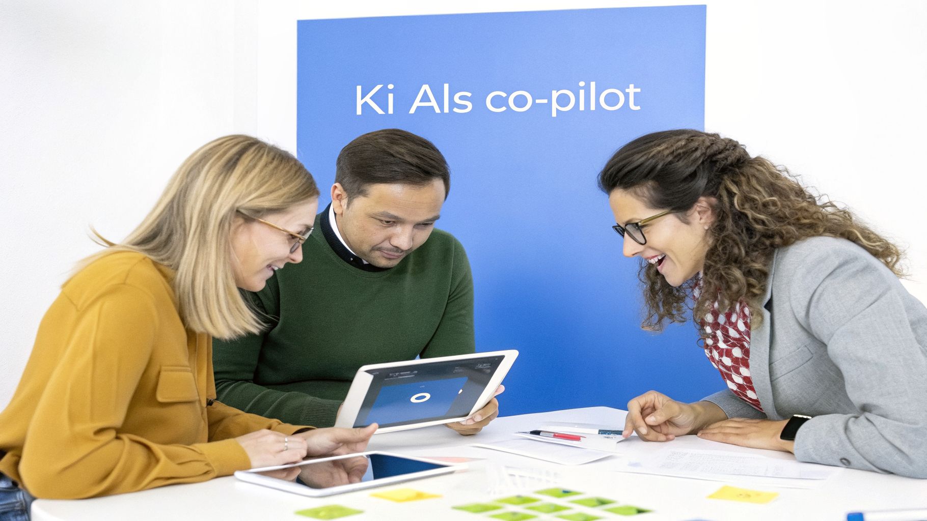 Drei Personen arbeiten lachend und konzentriert an einem Tisch mit Tablets und Dokumenten, vor blauem Hintergrund mit "Ki Als co-pilot".