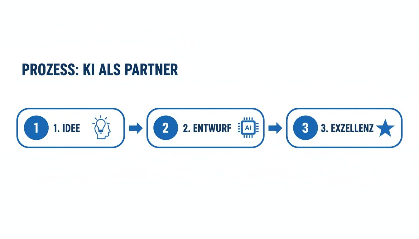 Eine Infografik, die den dreistufigen Prozess 'KI als Partner' darstellt: Idee, Entwurf und Exzellenz mit entsprechenden Symbolen.