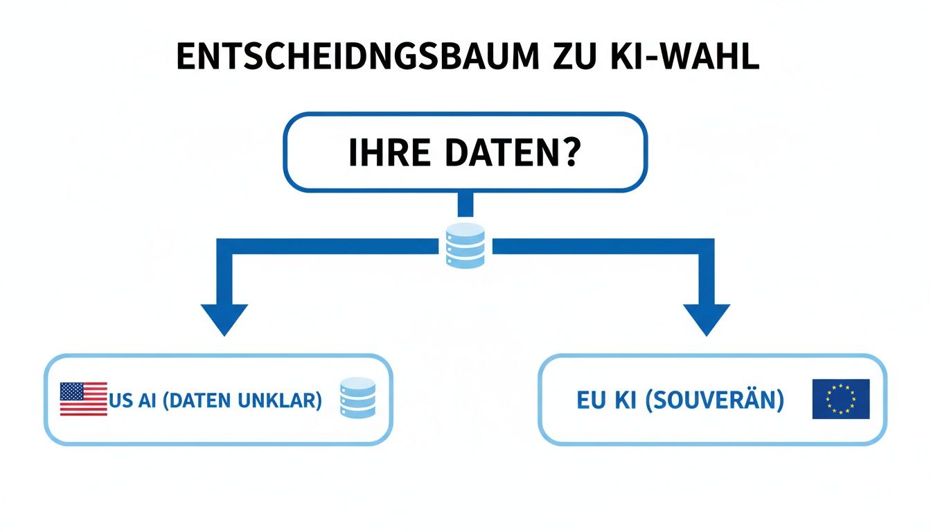 Ein Entscheidungsbaum visualisiert die Wahl zwischen US-KI (Daten unklar) und EU-KI (souverän) bezüglich Ihrer Daten.