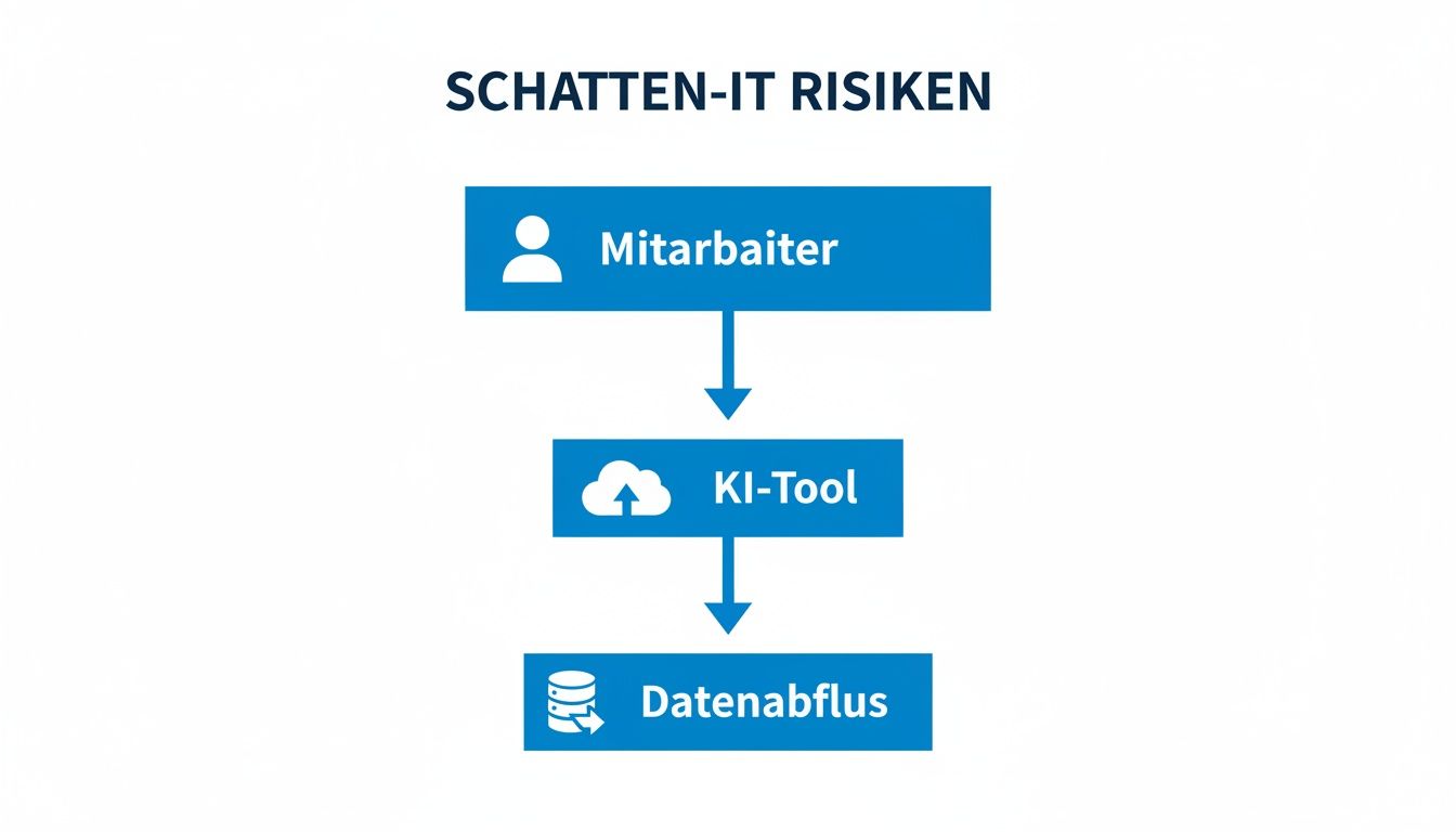 Flussdiagramm zeigt Schatten-IT-Risiken: Mitarbeiter nutzen KI-Tools, was zu Datenabfluss führen kann.