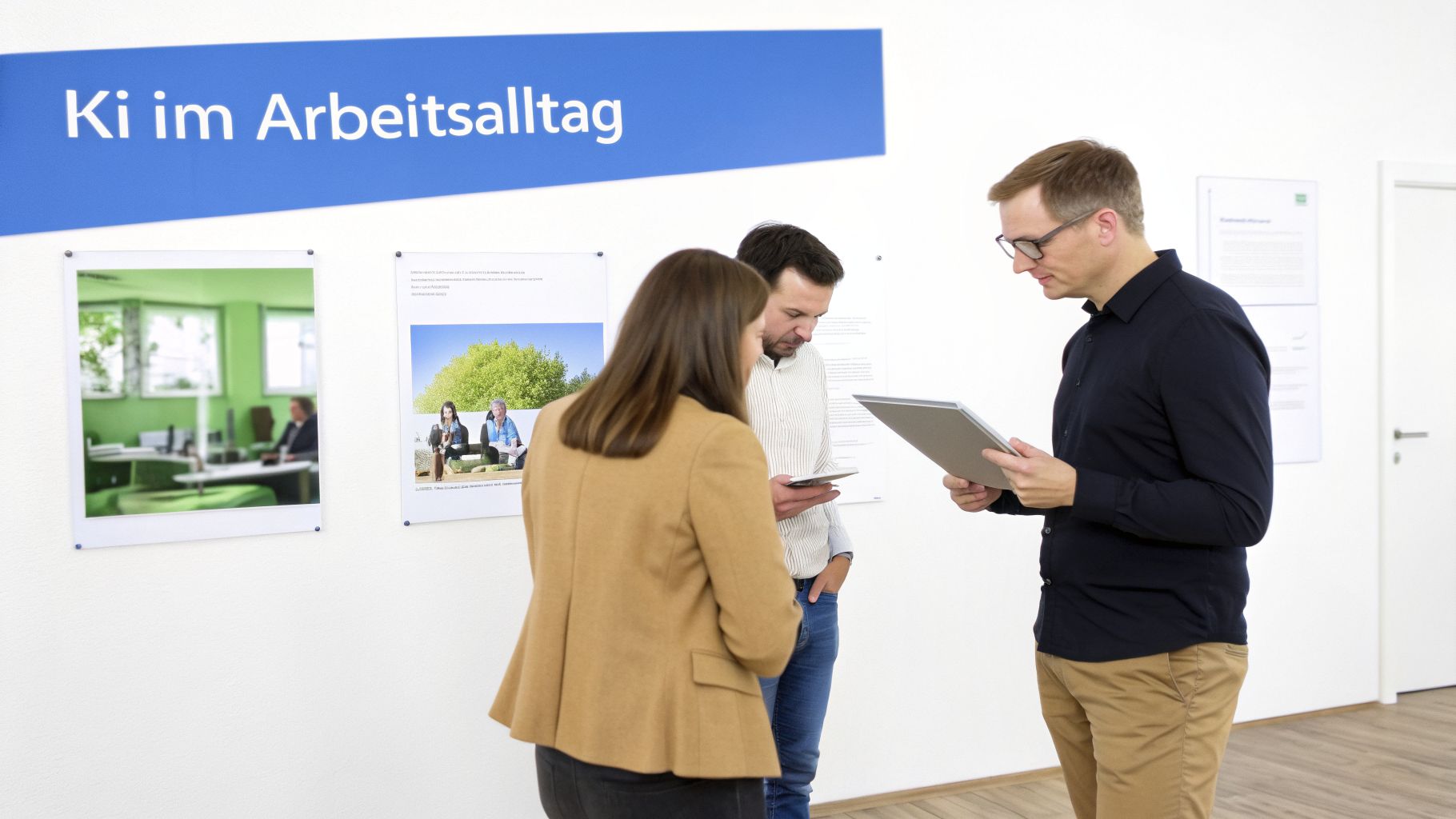 Drei Personen betrachten Tablets und Dokumente vor Informationstafeln zum Thema 'Ki im Arbeitsalltag'.
