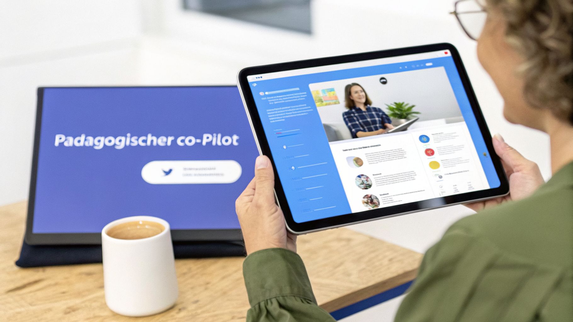 Eine Person hält ein Tablet mit einer Online-Lernumgebung; im Hintergrund ein Bildschirm mit 'Pädagogischer co-Pilot'.