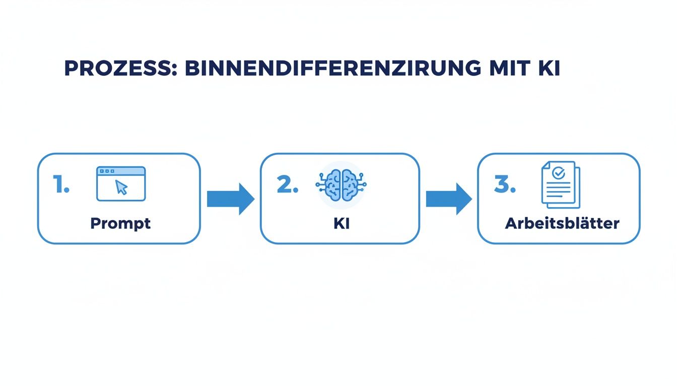 Visualisierung des Prozesses zur Binnendifferenzierung mittels KI: Prompt, KI-Verarbeitung und Erstellung von Arbeitsblättern.