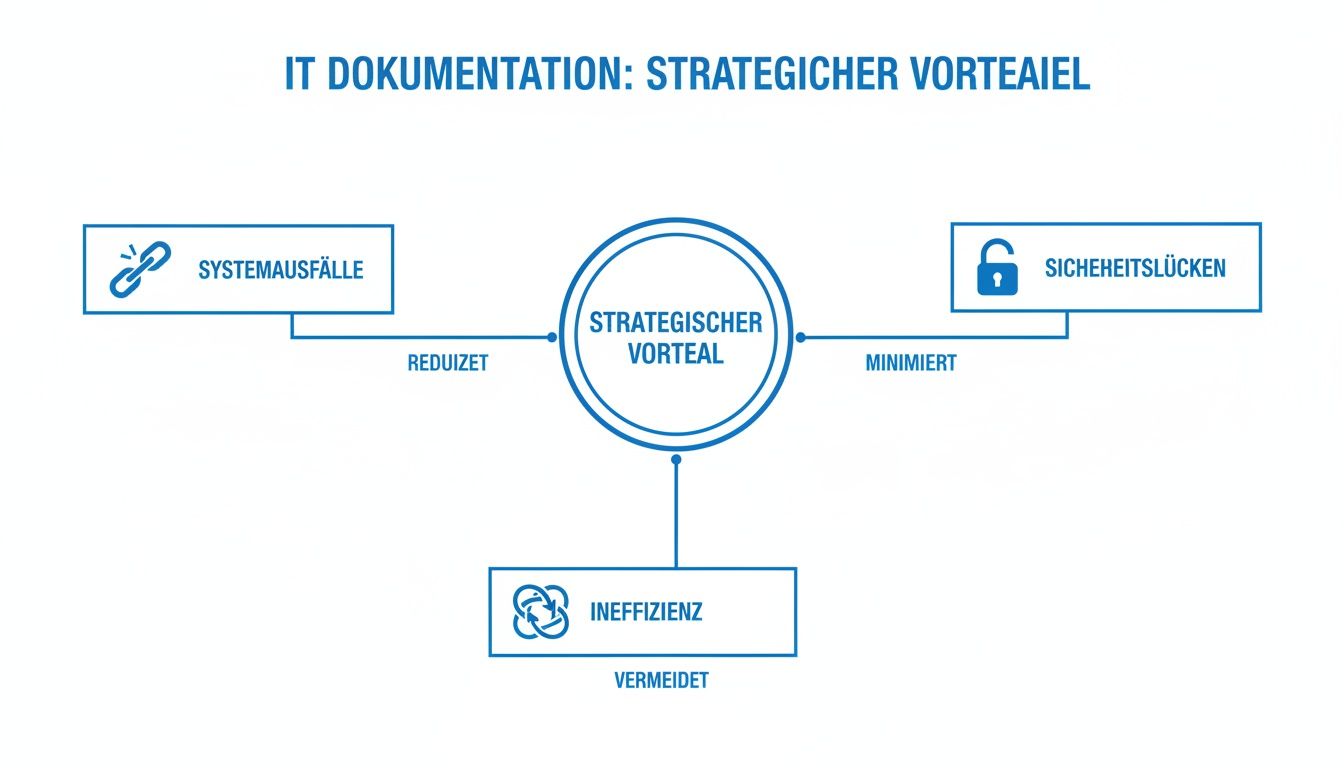 Diagramm zeigt strategische Vorteile von IT-Dokumentation: Reduziert Systemausfälle, minimiert Sicherheitslücken und vermeidet Ineffizienz.