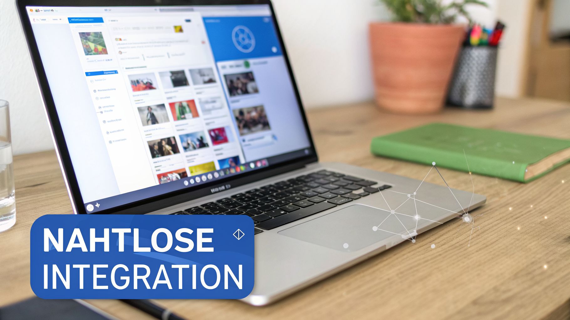 Laptop mit Website auf Holztisch, umgeben von Büroartikeln, symbolisiert nahtlose Integration und digitale Vernetzung.