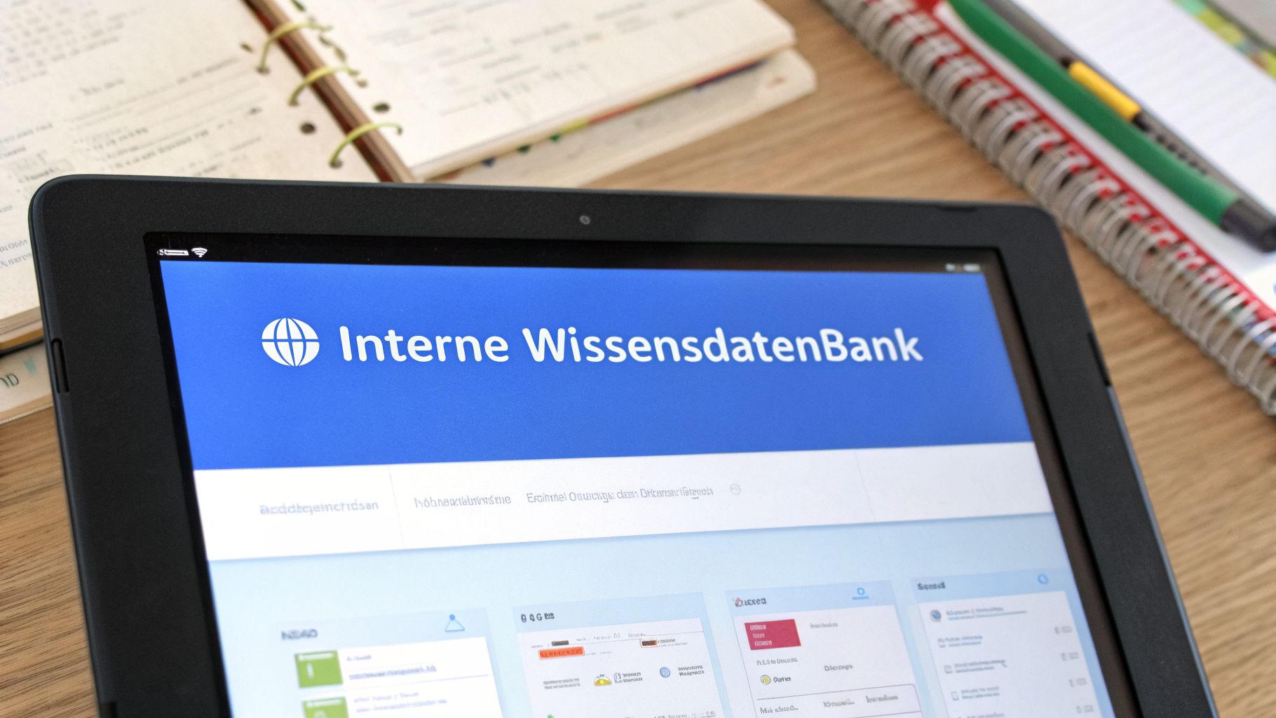 Tablet zeigt eine Website mit dem Titel 'Interne Wissensdatenbank' auf einem Schreibtisch.