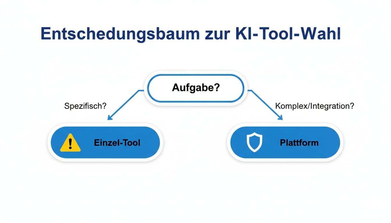 Entscheidungsbaum zur KI-Tool-Wahl zeigt die Entscheidung zwischen Einzel-Tool und Plattform basierend auf der Aufgabe.