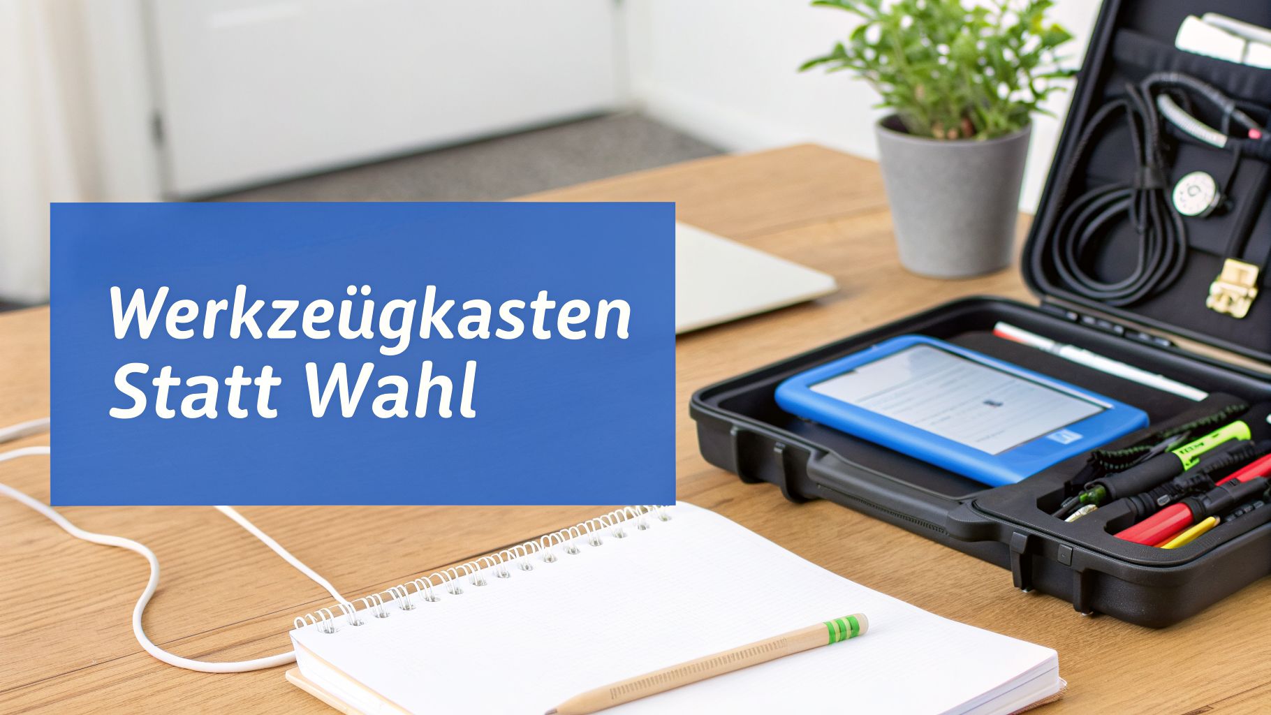 Schreibtisch mit offenem Werkzeugkasten, E-Reader, Notizbuch und Stift. Blauer Banner mit Text: Werkzeugkasten Statt Wahl.