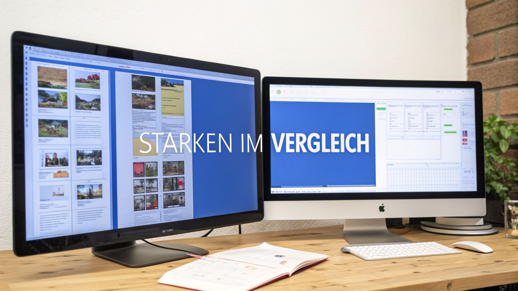 Zwei Monitore auf einem Schreibtisch zeigen Inhalte zu 'Stärken im Vergleich' mit Bildern und Daten.