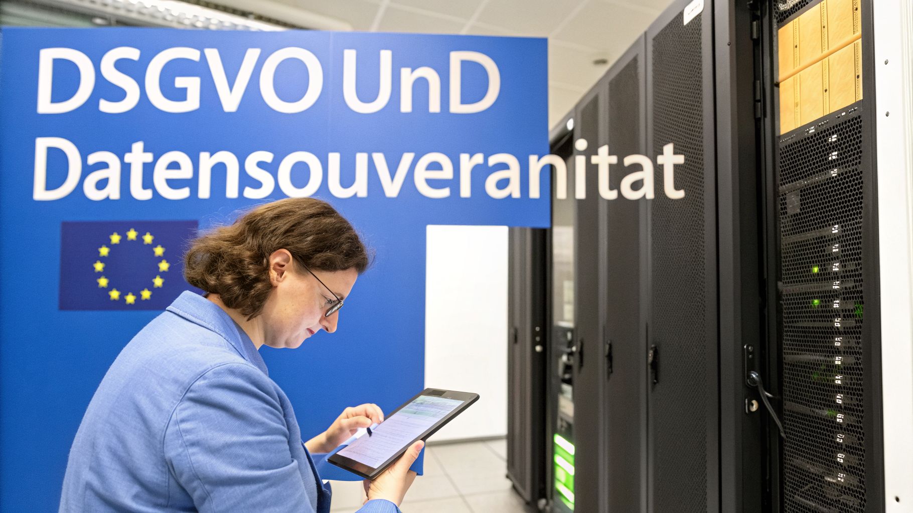 Eine Person mit Tablet vor einem blauen Schild mit 'DSGVO Und Datensouveränität' und EU-Flag in einem Serverraum.