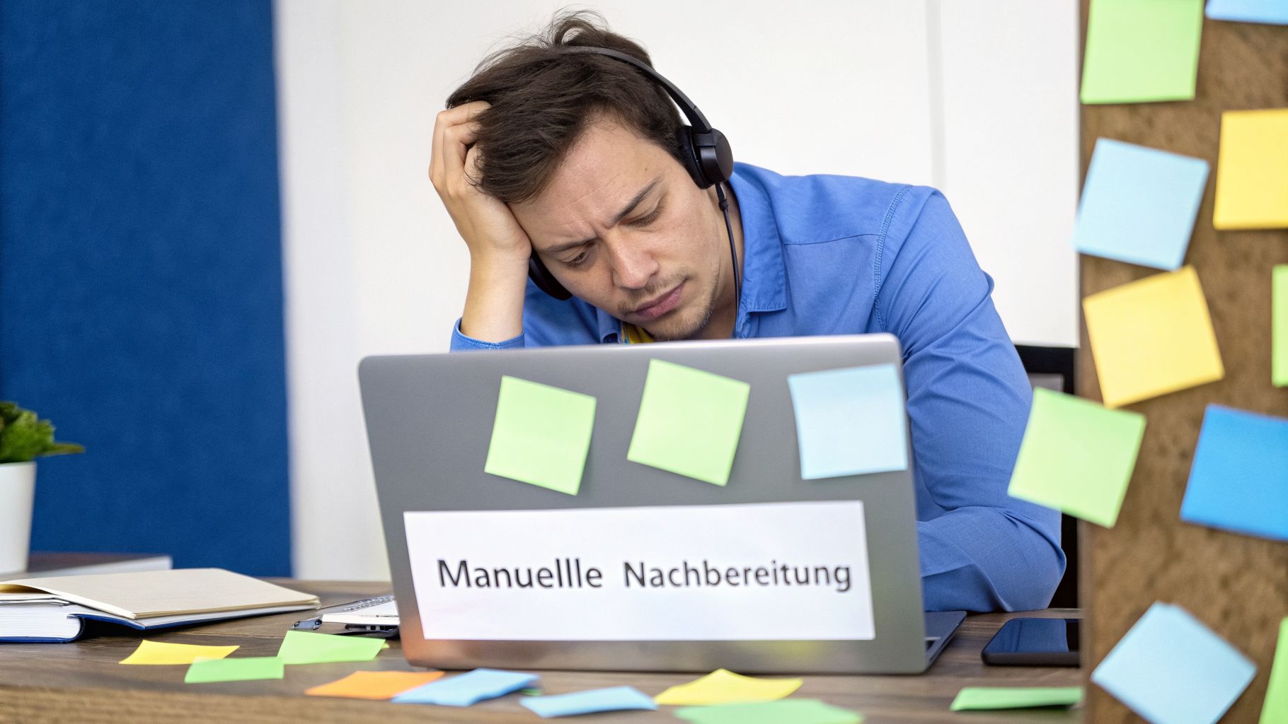 Erschöpfter Mann mit Kopfhörern blickt auf seinen Laptop, darauf 'Manuelle Nachbereitung' und viele Notizzettel.