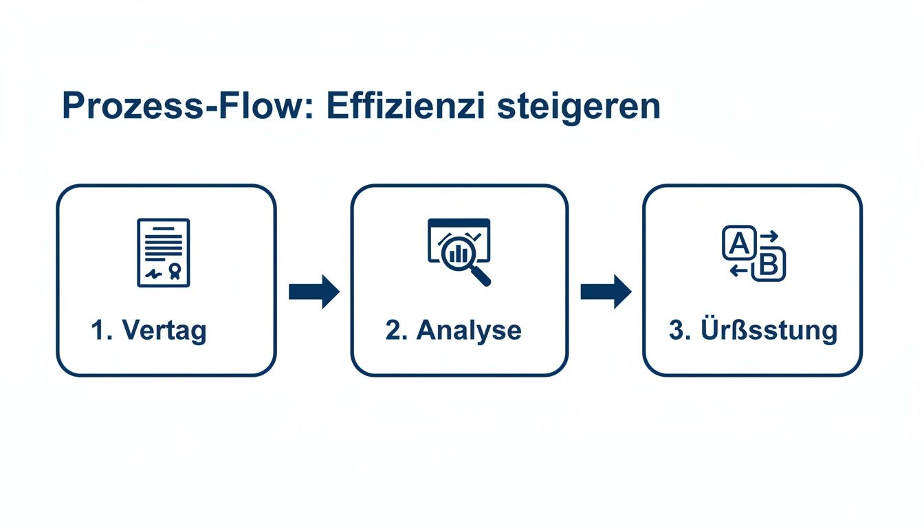 Prozess-Flow zur Effizienzsteigerung mit drei Schritten: Vertrag, Analyse und Überbsstung, visuell dargestellt.