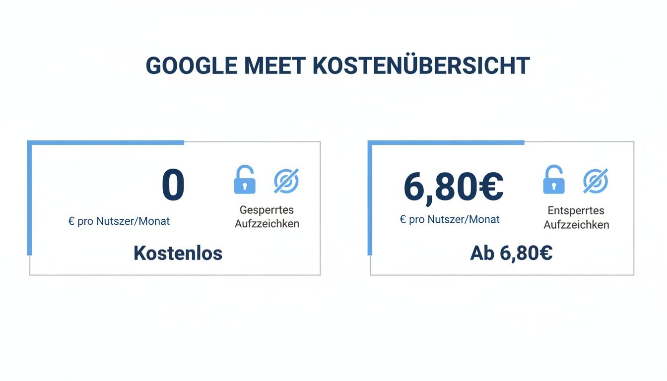 Google Meet Kostenübersicht zeigt den Unterschied zwischen kostenloser Version und der kostenpflichtigen Version ab 6,80€ mit freigeschalteter Aufzeichnung.