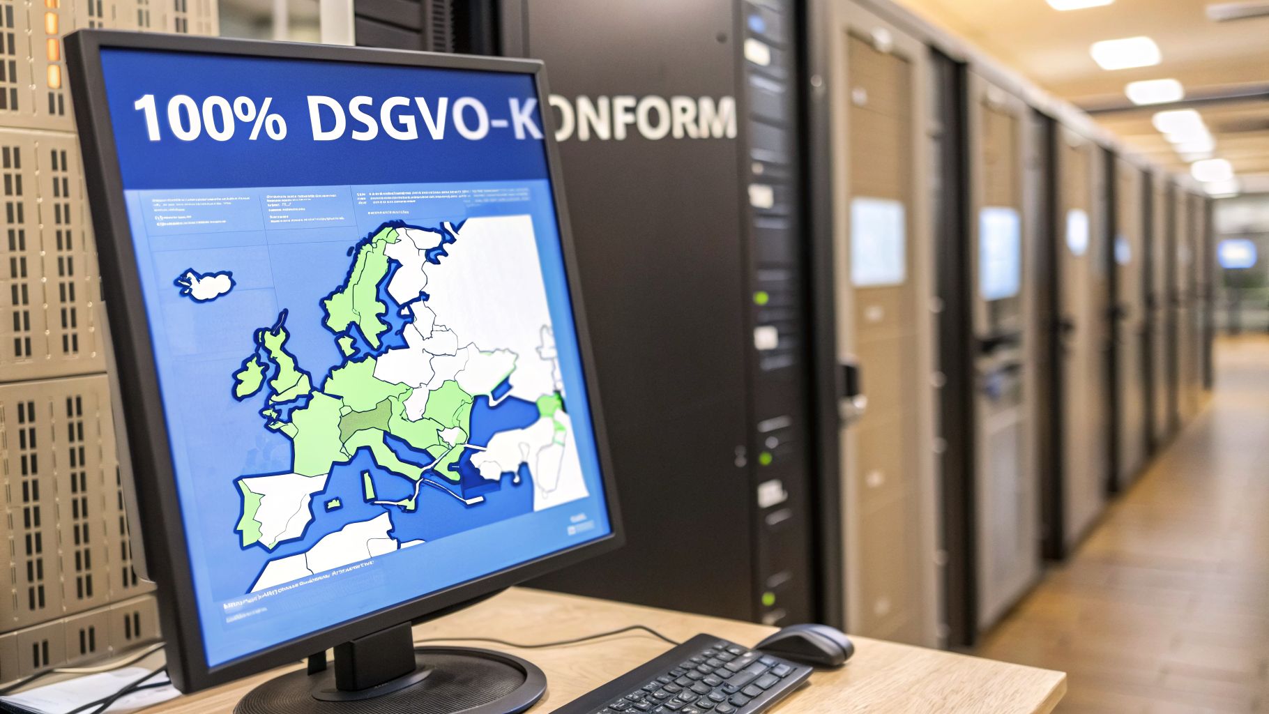 Monitor zeigt '100% DSGVO-KONFORM' und Europakarte in einem Rechenzentrum mit Serverracks.
