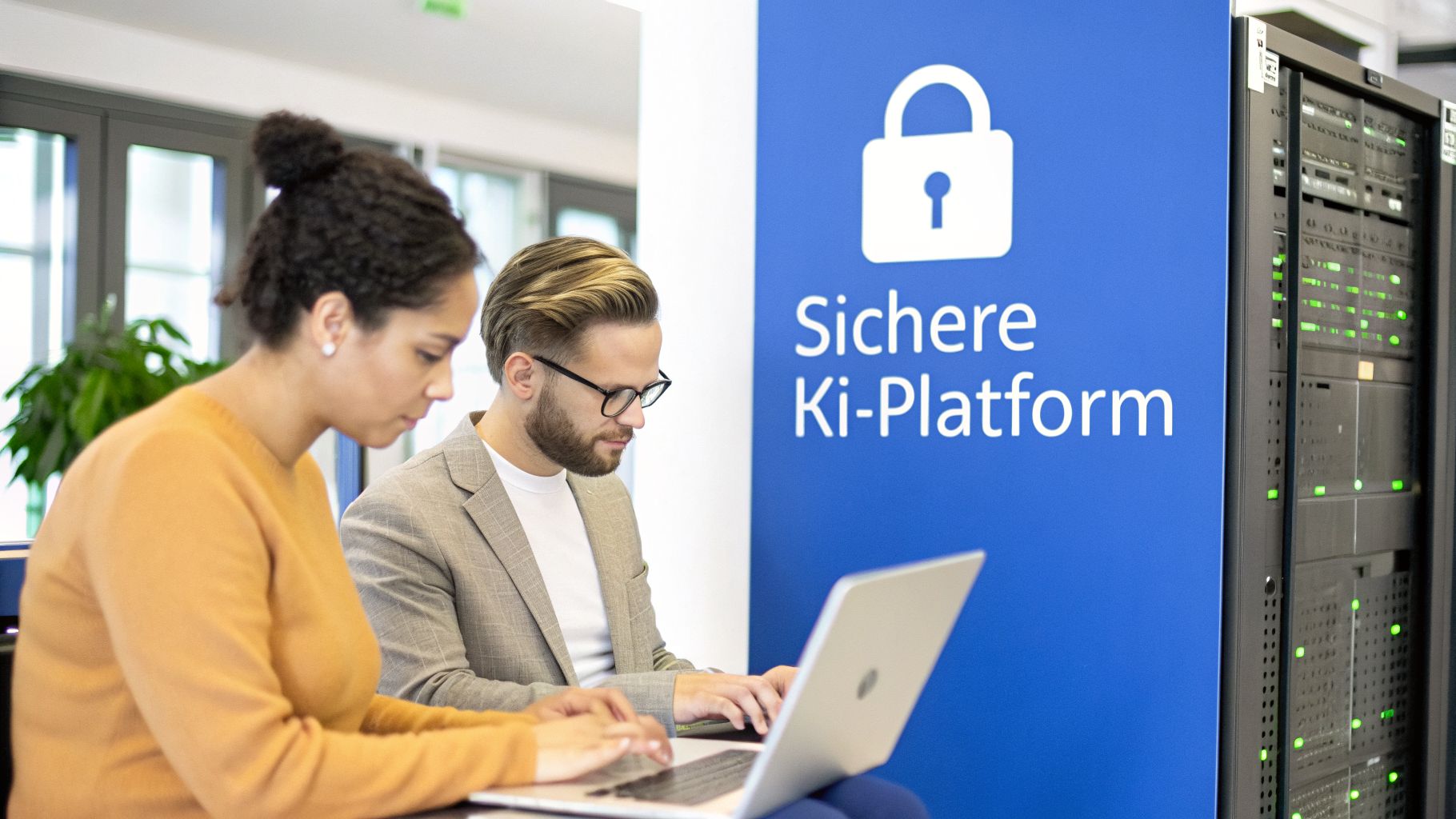 Zwei Personen arbeiten an Laptops vor einer blauen 'Sichere Ki-Plattform' Anzeige und einem beleuchteten Server-Rack.
