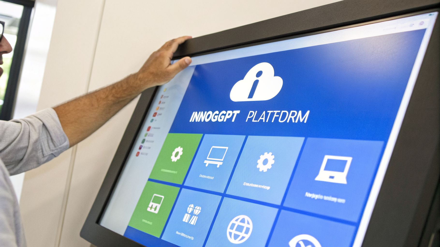 Mann interagiert mit einem großen Touchscreen-Display, das die 'INNOGGPT PLATFORM' mit verschiedenen Symbolen zeigt.