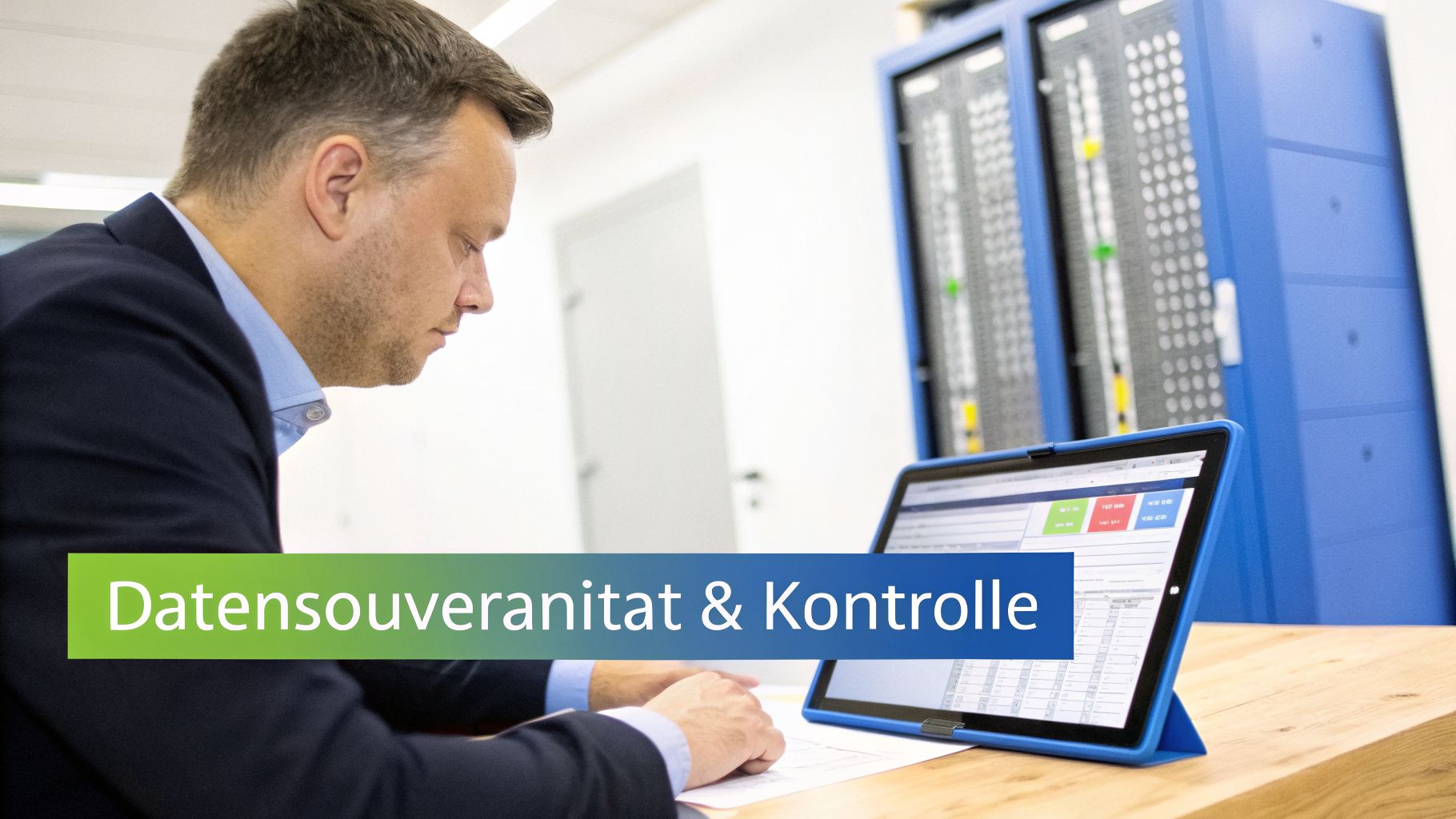 Ein Mann arbeitet konzentriert an einem Tablet vor Server-Racks, mit dem Text „Datensouveränität & Kontrolle“.