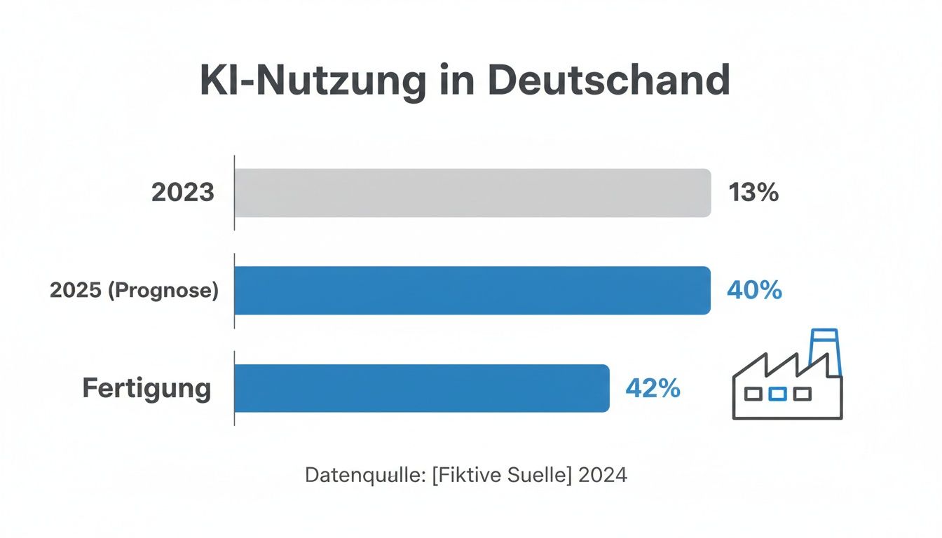 Horizontaler Balkendiagramm zur KI-Nutzung in Deutschland: 2023 (13%), 2025 Prognose (40%), Fertigung (42%).
