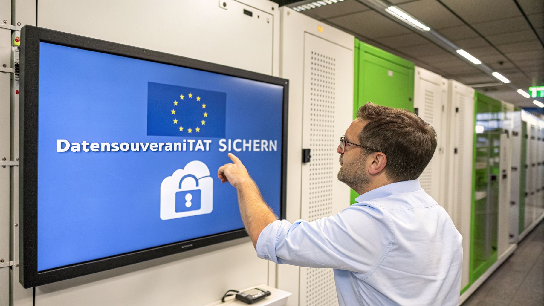 Ein Mann in einem Serverraum zeigt auf einen Bildschirm mit der Aufschrift 'Datensouveränität SICHERN', EU-Flagge und einem Wolken-Symbol mit Schloss.