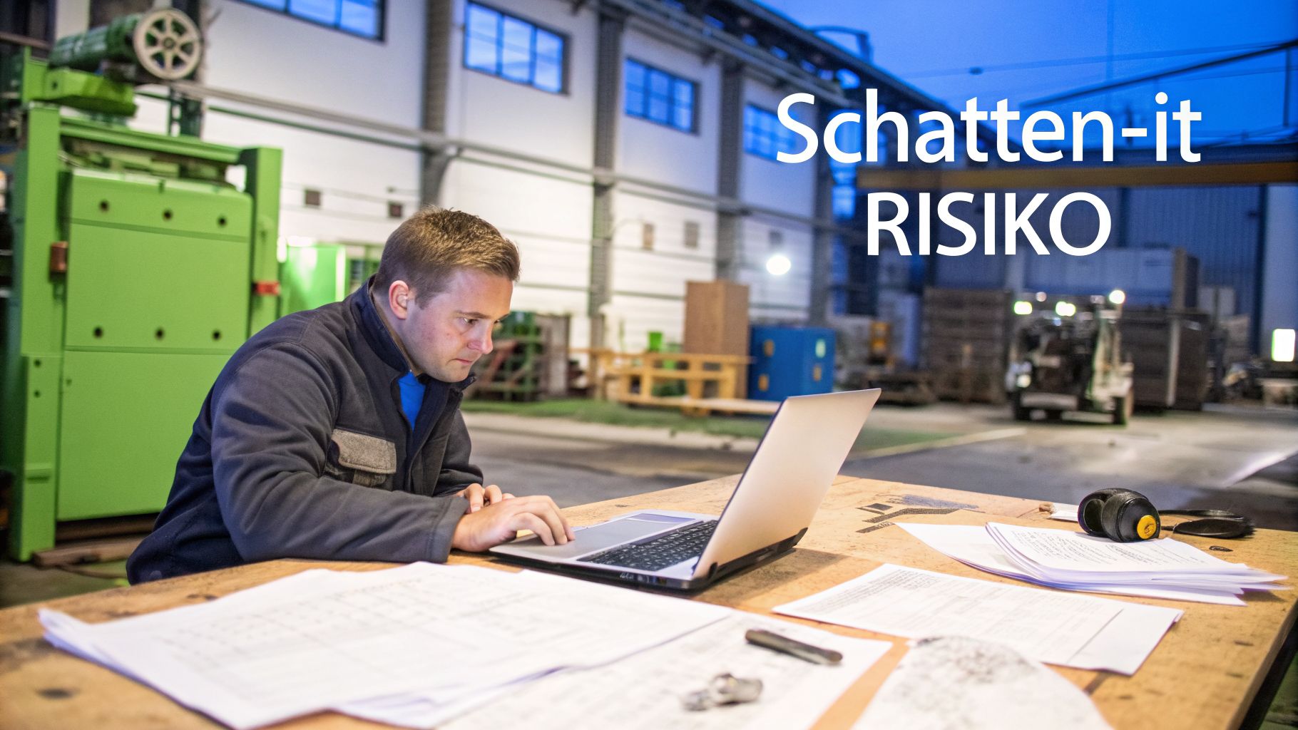 Ein Mann arbeitet in einer Industriehalle an einem Laptop, umgeben von Plänen und Papieren. Der Text 'Schatten-IT Risiko' ist zu sehen.