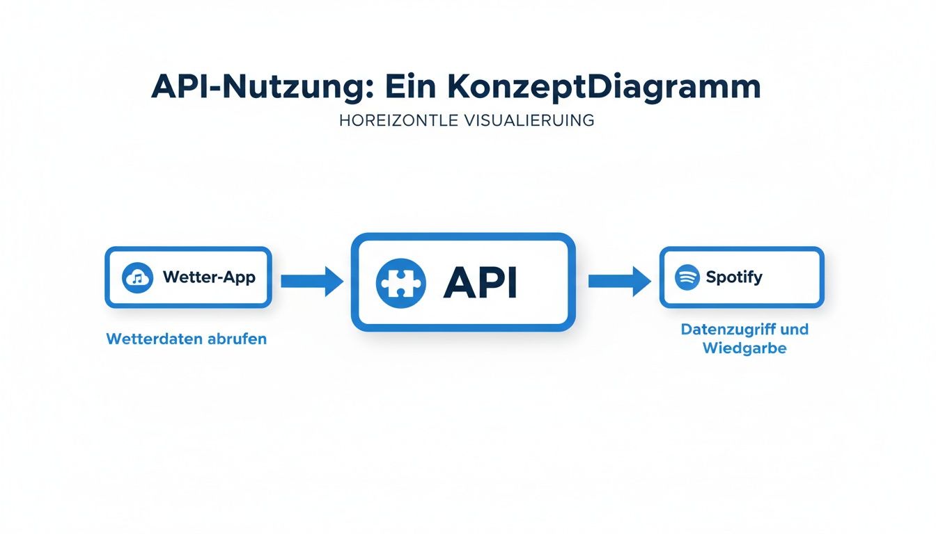 Konzeptdiagramm zur API-Nutzung zeigt den Datenfluss zwischen Wetter-App, API und Spotify für Datenzugriff.