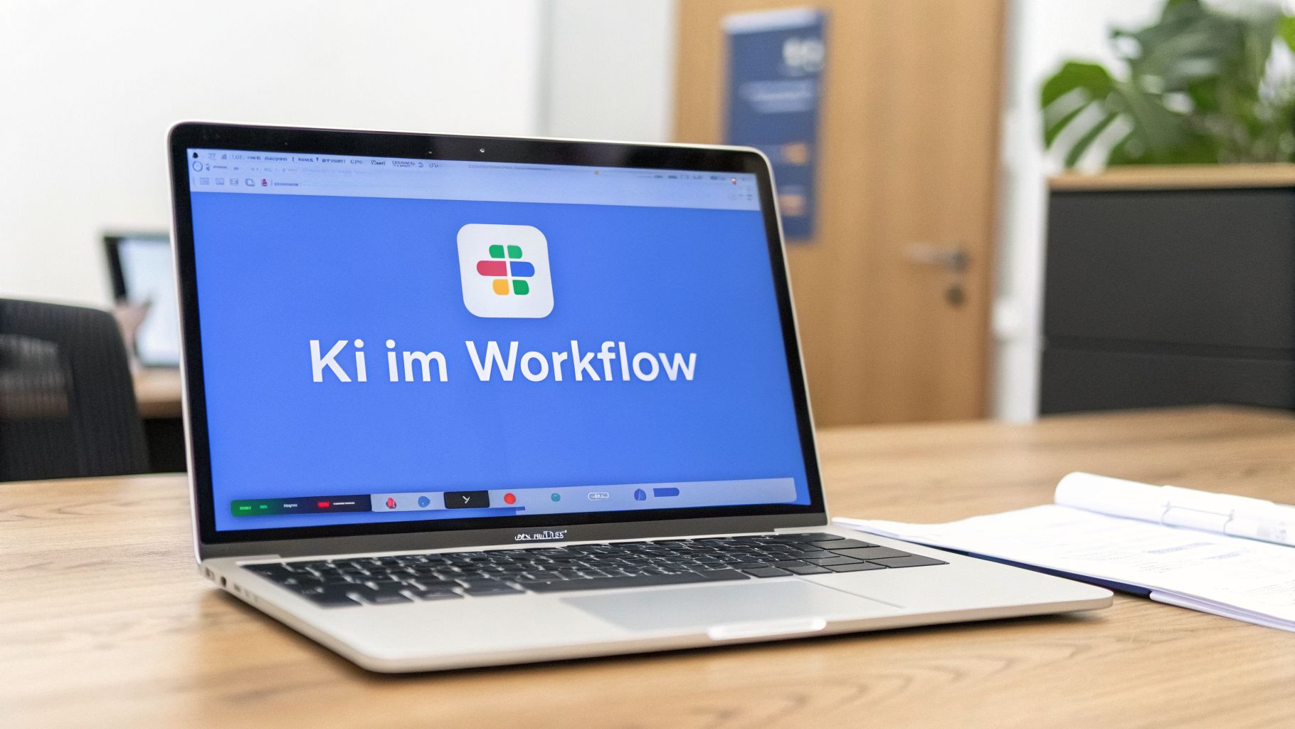 Laptop auf einem Holztisch mit blauem Bildschirm, der ein Workflow-Symbol und den Text 'Ki im Workflow' zeigt.