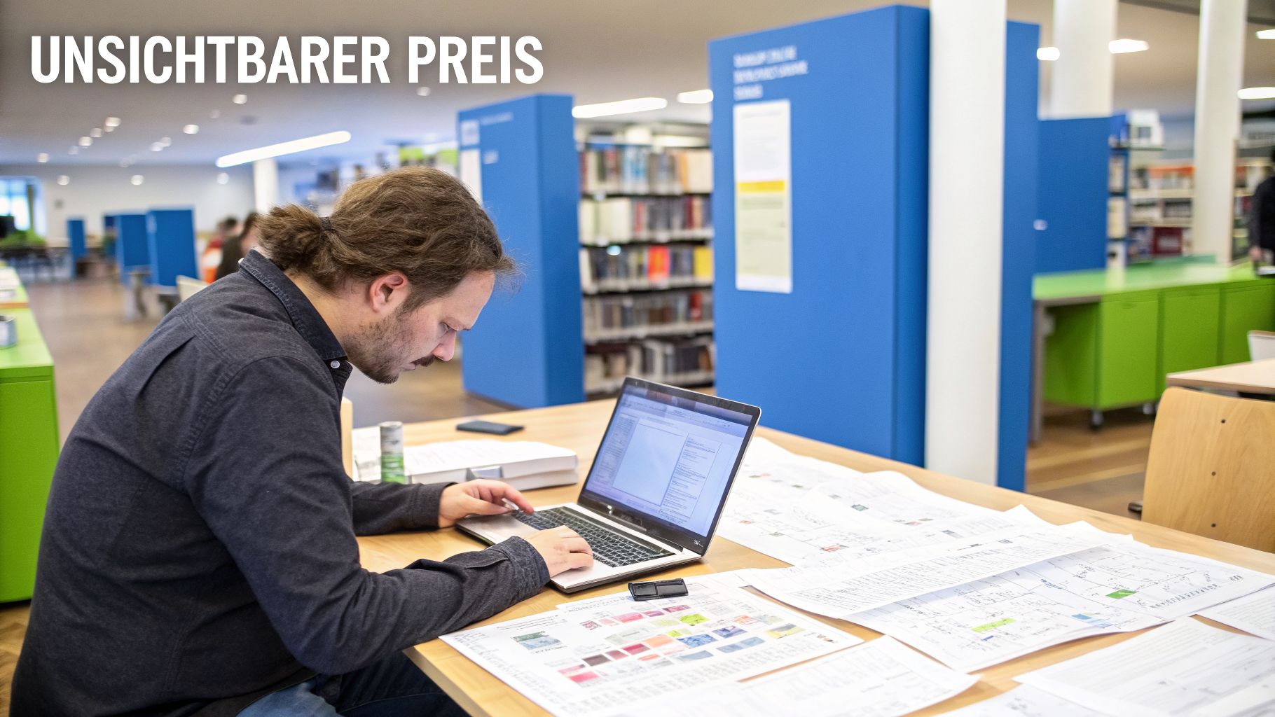 Ein Mann arbeitet konzentriert an einem Laptop und Dokumenten an einem Schreibtisch in einer Bibliothek.