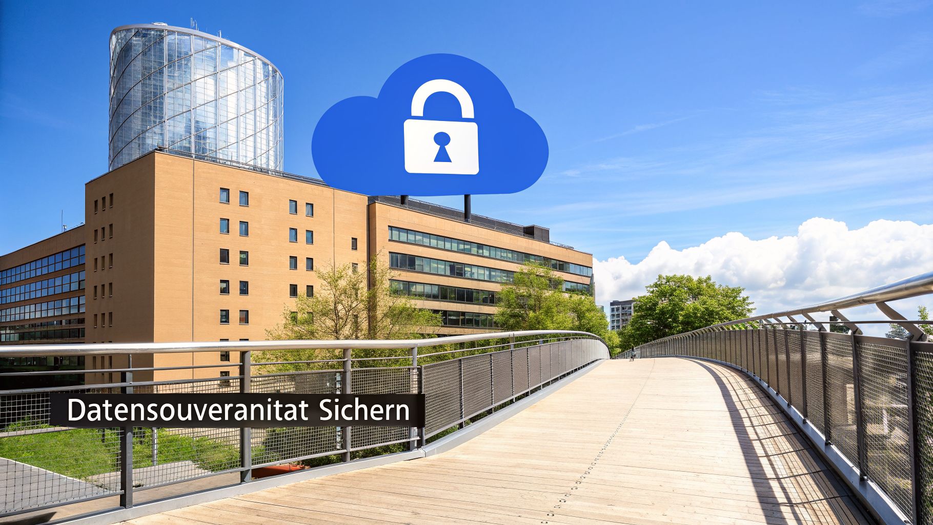 Modernes Gebäude mit einer Brücke und einem blauen Cloud-Symbol mit Schloss sowie dem Text 'Datensouveränität Sichern'.