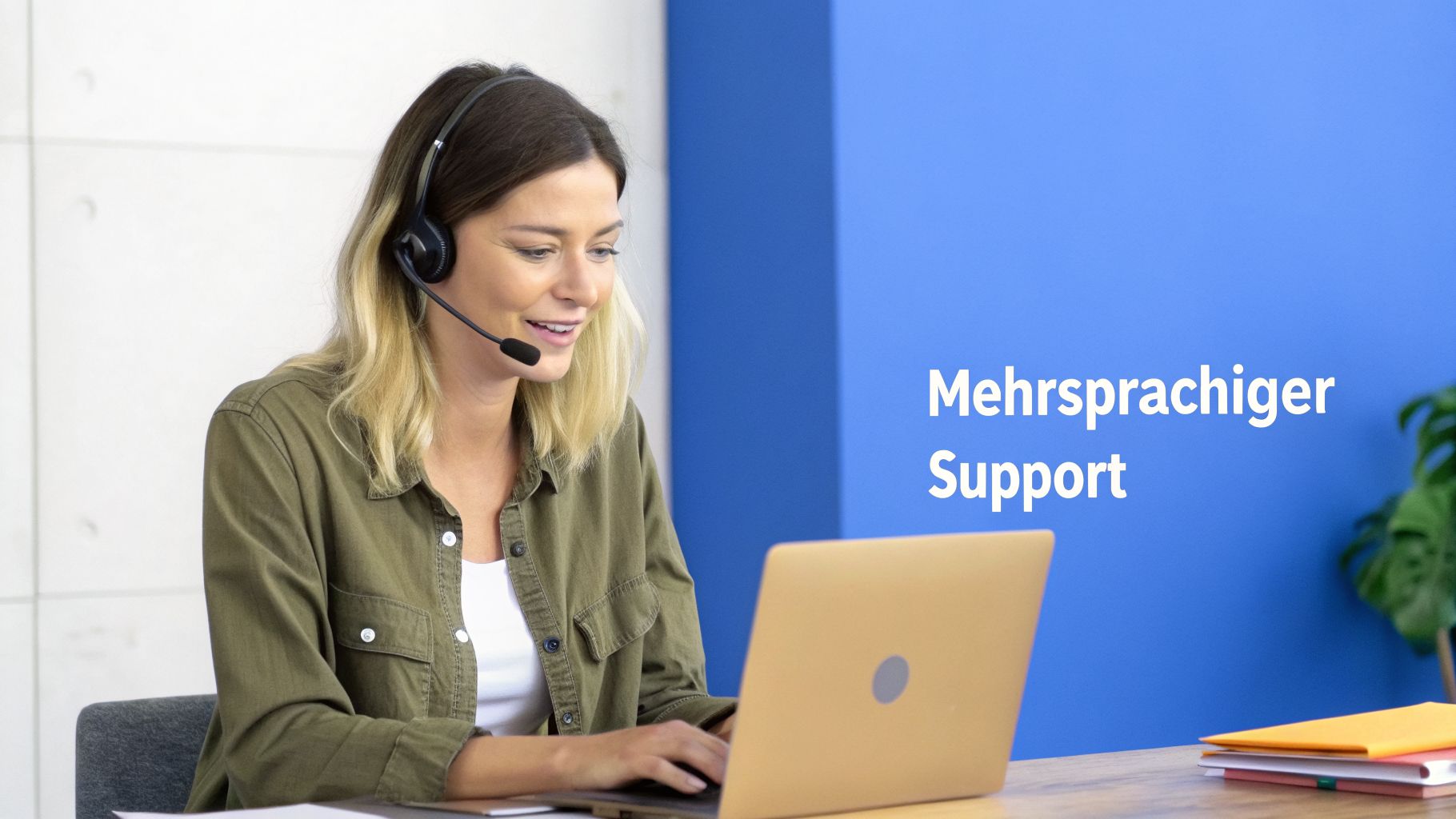 Eine lächelnde Frau mit Headset arbeitet am Laptop, der den mehrsprachigen Support symbolisiert.
