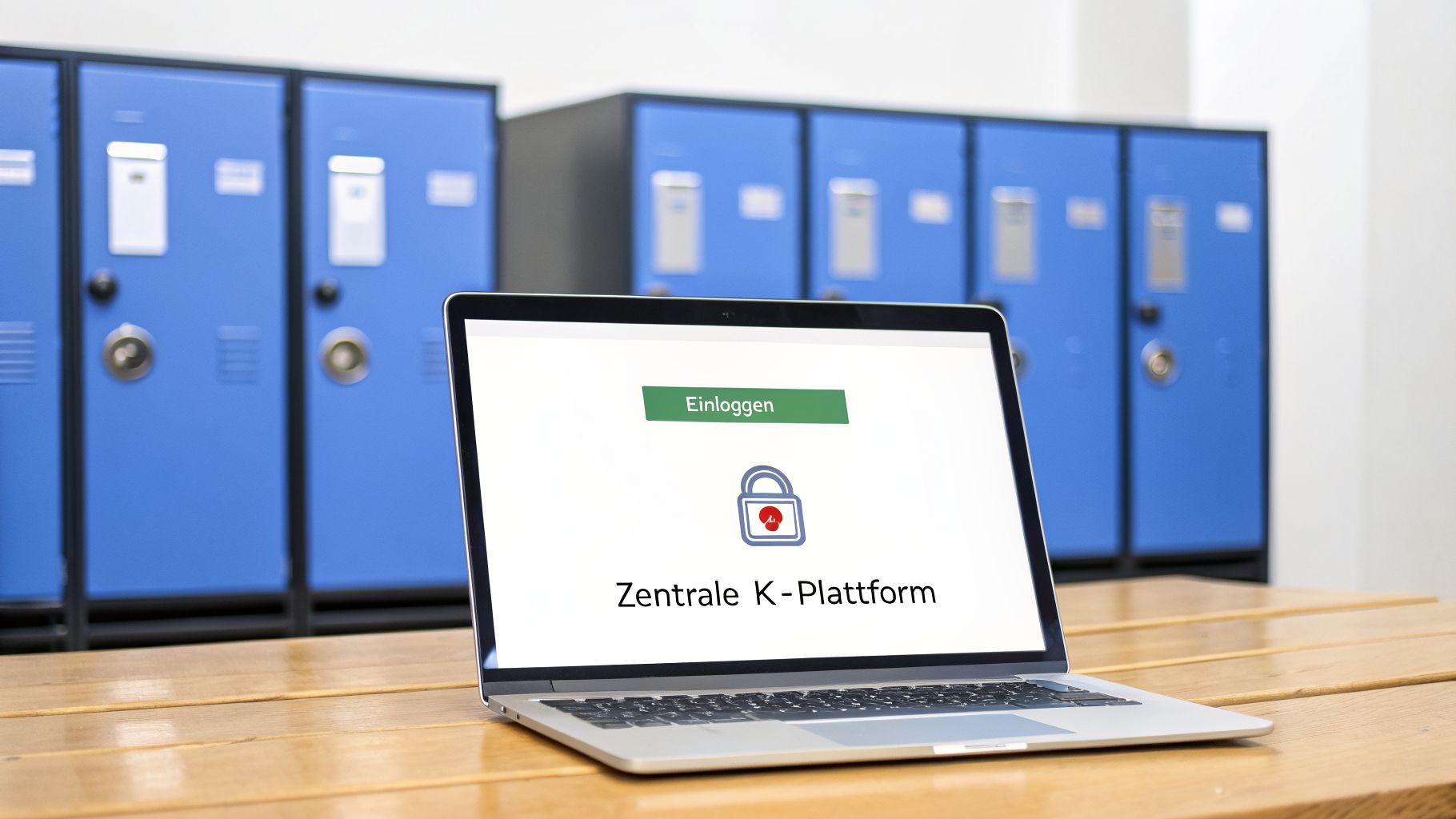 Laptop auf Holztisch zeigt Login-Bildschirm für eine zentrale Plattform mit Vorhängeschloss-Symbol und blauen Spinden im Hintergrund.