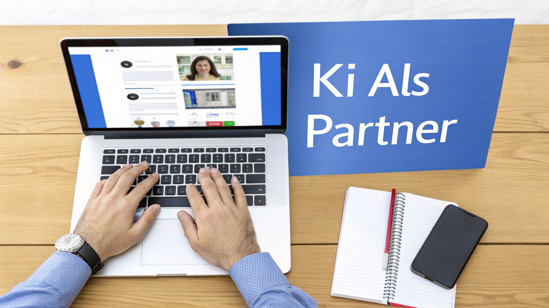 Person tippt auf Laptop mit Text 'Ki Als Partner', Notizbuch und Smartphone auf Holztisch.