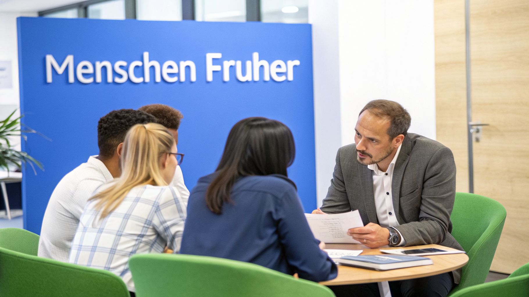Eine Gruppe von Menschen bei einem Meeting, ein Mann erklärt etwas anhand von Dokumenten. Im Hintergrund steht "Menschen Früher".