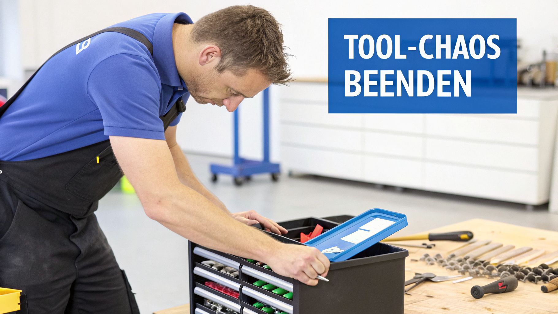 Mann sortiert Werkzeuge in einer Werkzeugkiste auf einer Werkbank, mit dem Text 'TOOL-CHAOS BEENDEN'.
