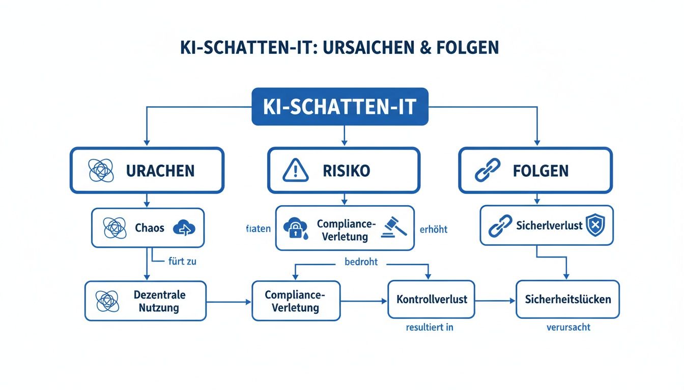 Flussdiagramm zur KI-Schatten-IT, das Ursachen, Risiken und Folgen wie Kontrollverlust und Sicherheitslücken aufzeigt.