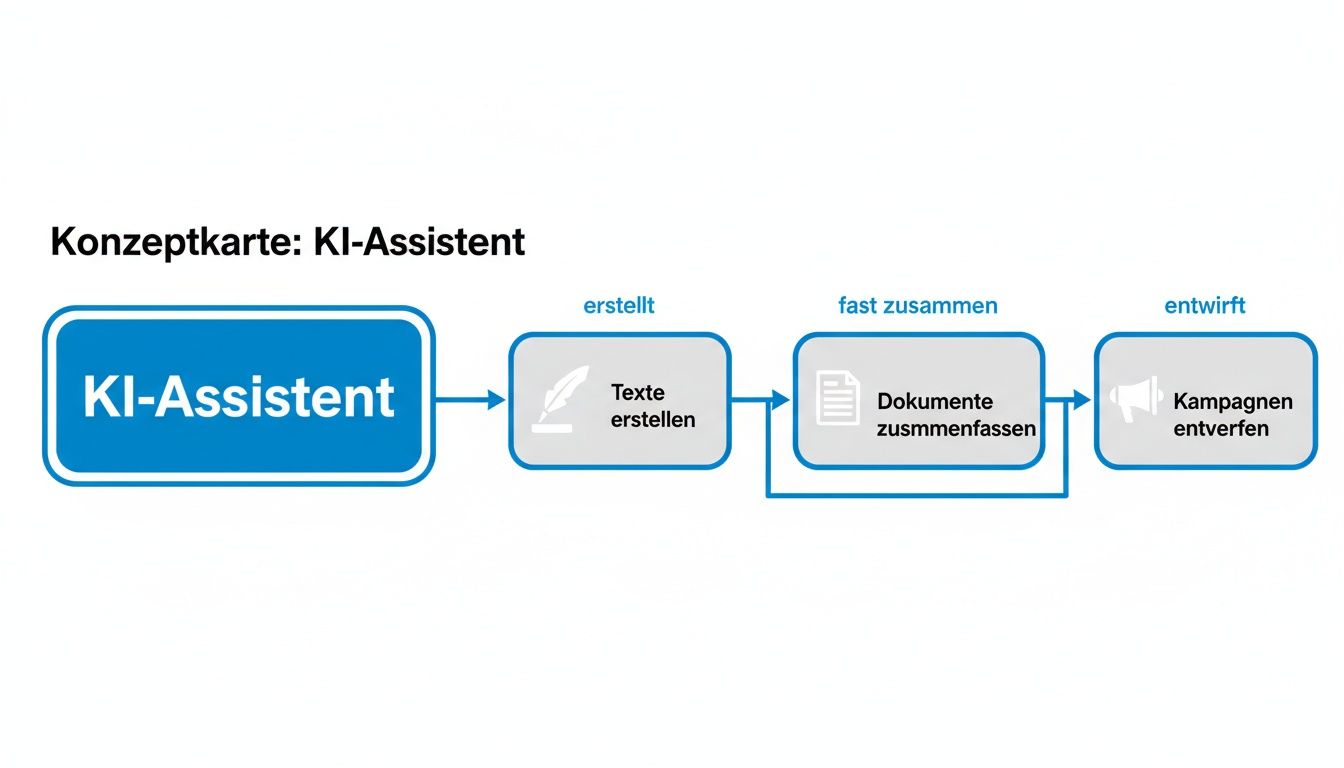 Konzeptkarte zeigt, wie ein KI-Assistent Texte erstellt, Dokumente zusammenfasst und Kampagnen entwirft.