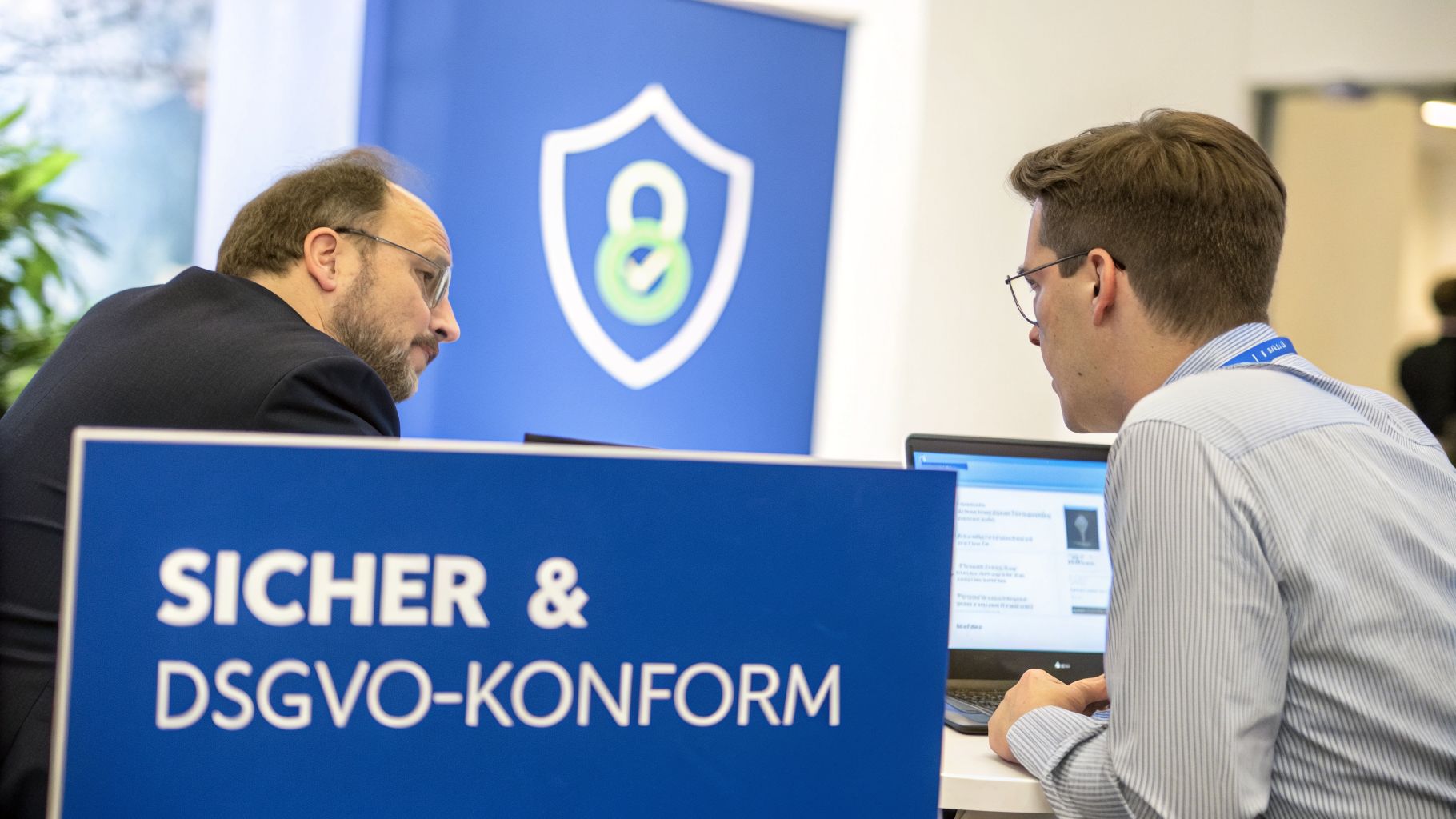 Zwei Männer unterhalten sich an einem Tisch, im Vordergrund ein Schild mit 'Sicher & DSGVO-konform' und ein Laptop.