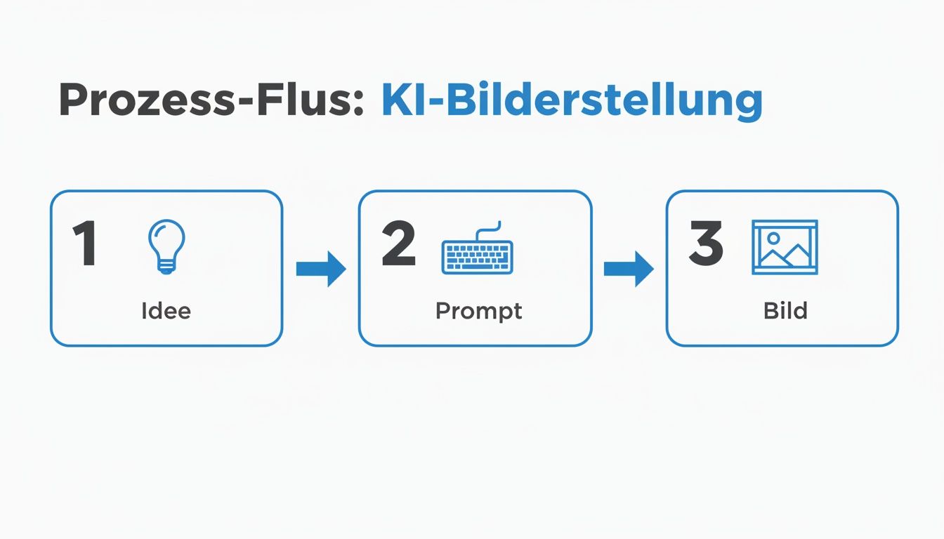 Ein Flussdiagramm zeigt den dreistufigen Prozess der KI-Bilderstellung: Idee, Prompt und das daraus resultierende Bild.