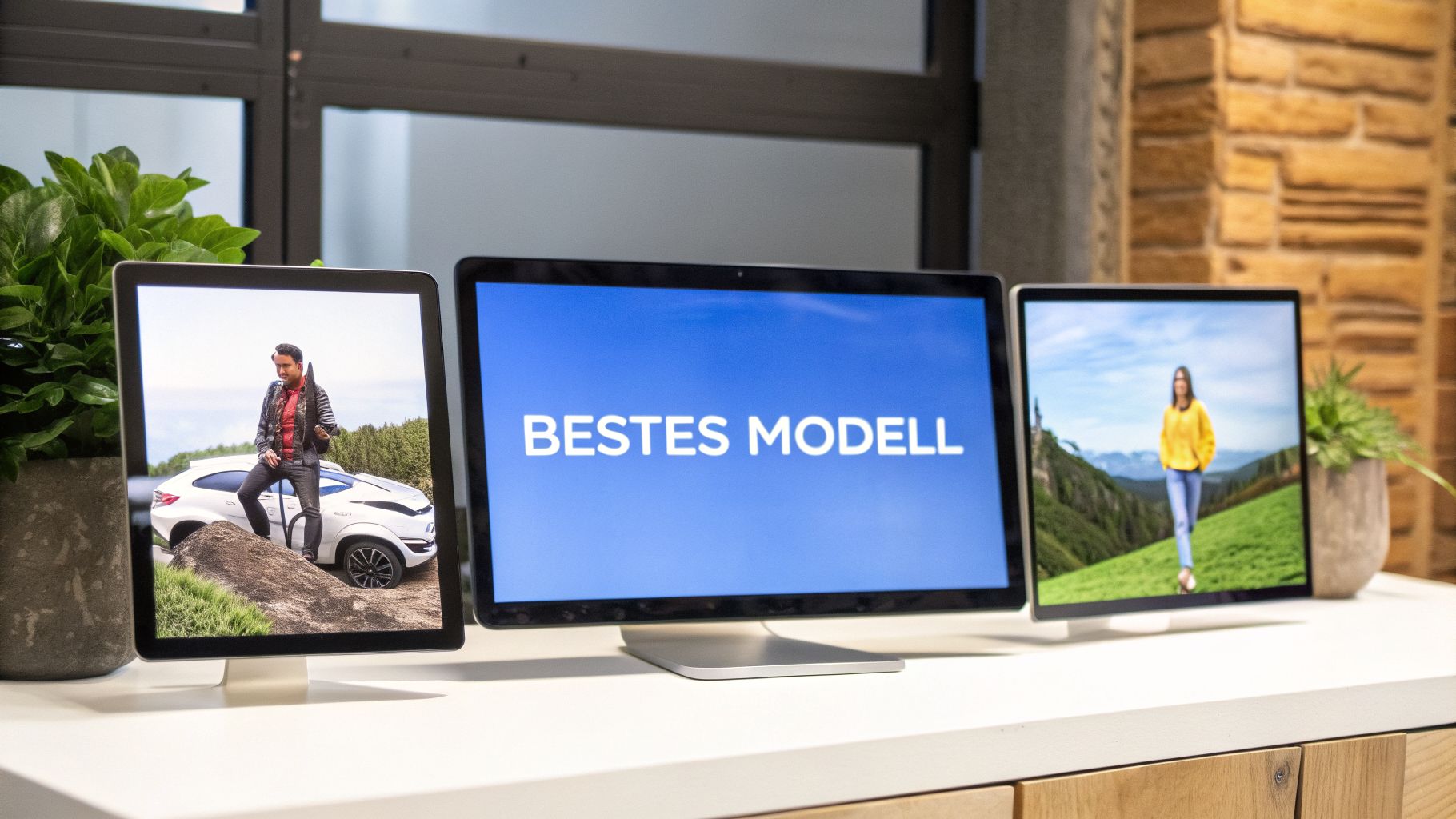 Drei Bildschirme auf einem Schreibtisch zeigen Menschen, ein Auto und den Text 'BESTES MODELL'.