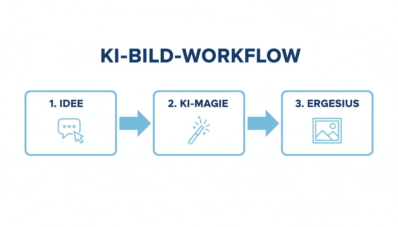 Ein Workflow-Diagramm für KI-Bilder mit den Schritten Idee, KI-Magie und Ergebnis.