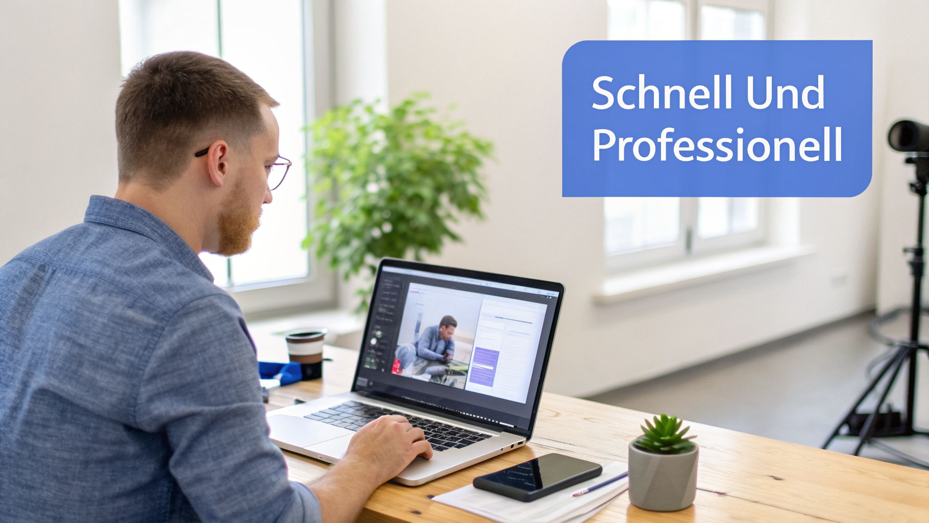 Ein Mann bearbeitet professionell ein Bild auf seinem Laptop, mit dem Text "Schnell Und Professionell" im Hintergrund.