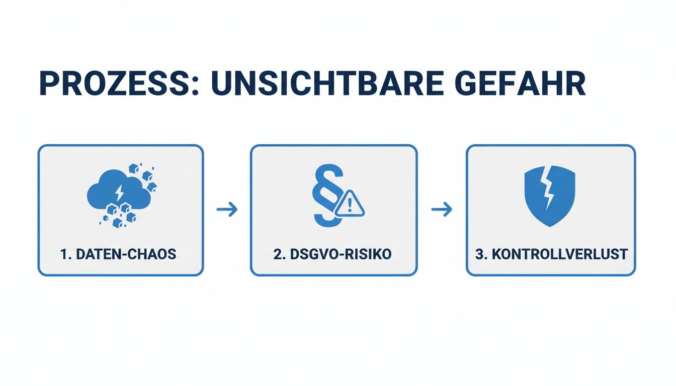 Infografik zeigt einen Prozess von Datenchaos über DSGVO-Risiko bis zum Kontrollverlust, als unsichtbare Gefahr dargestellt.