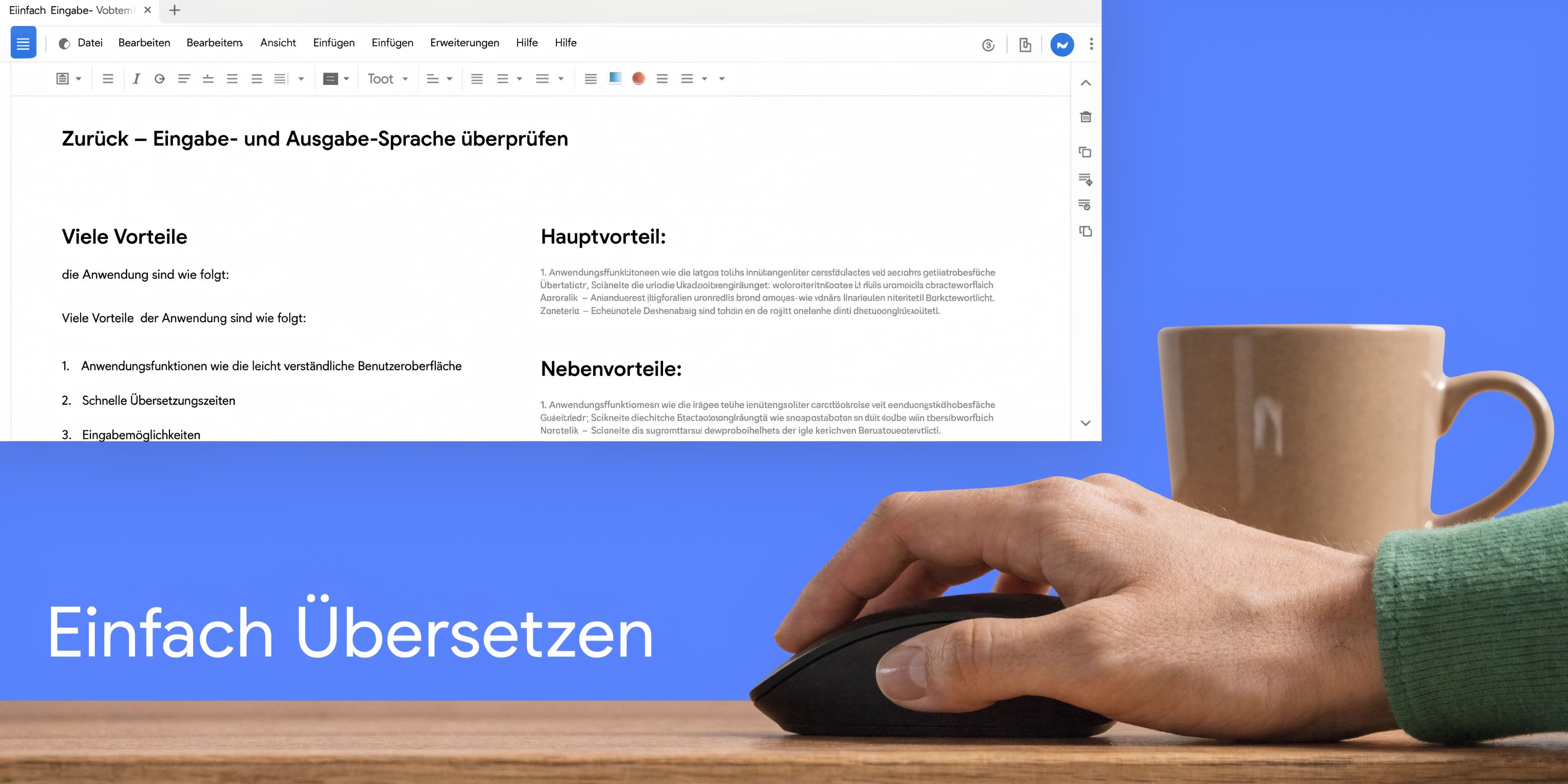 Ein Nutzer steuert eine Computermaus auf einem Holztisch, während im Hintergrund ein Google Docs Dokument angezeigt wird.