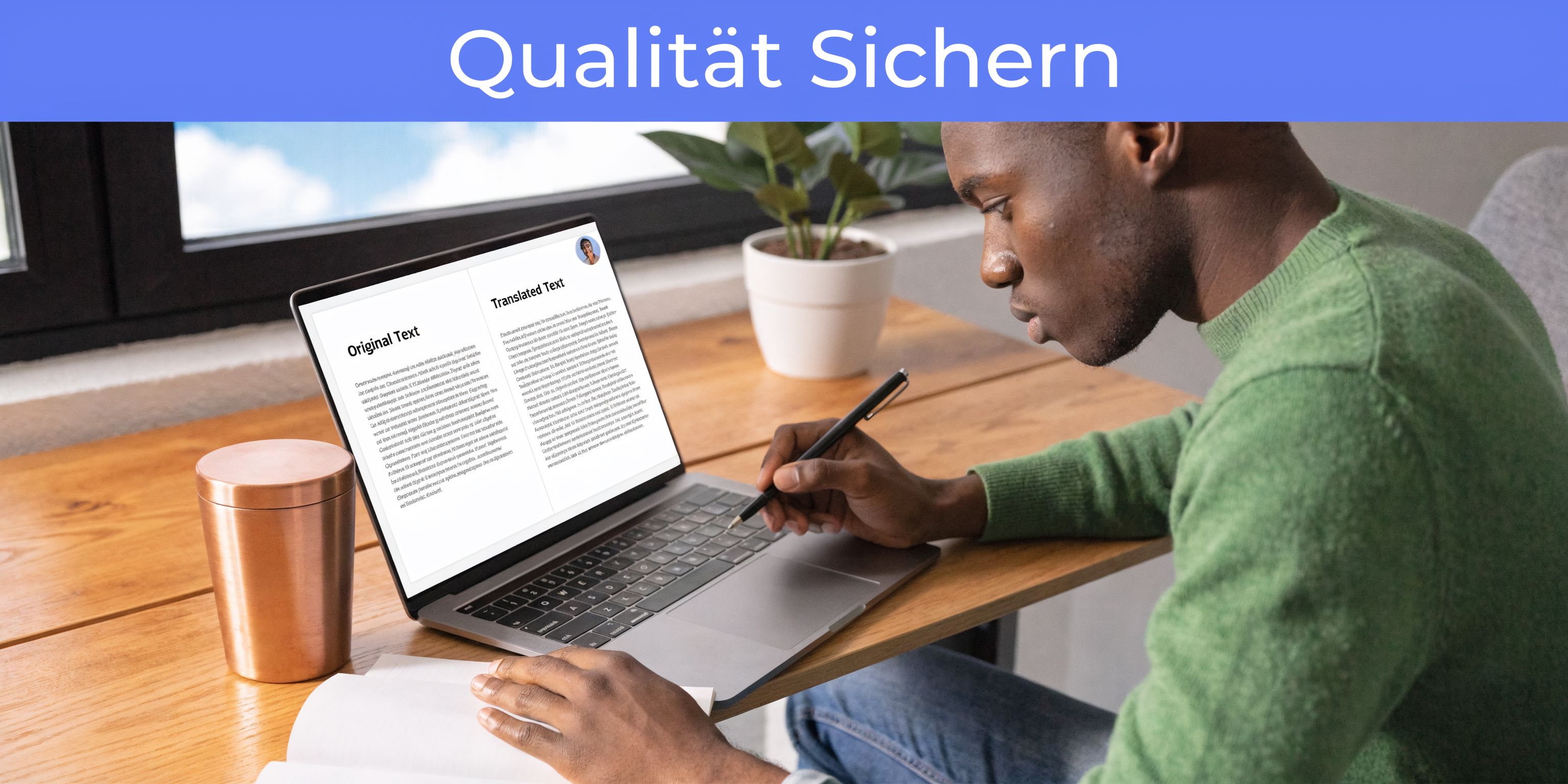 Ein Mann sitzt an einem Holztisch und korrigiert einen übersetzten Text auf seinem Laptop.