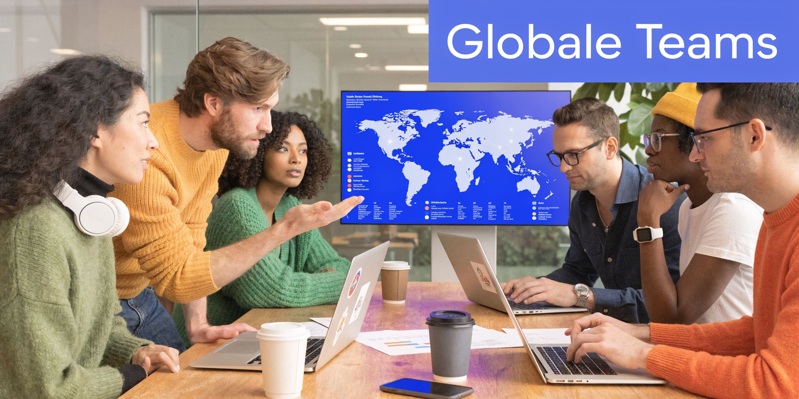 Ein diverses Team arbeitet gemeinsam an einem Konferenztisch mit Laptops und einem Bildschirm mit Weltkarte.