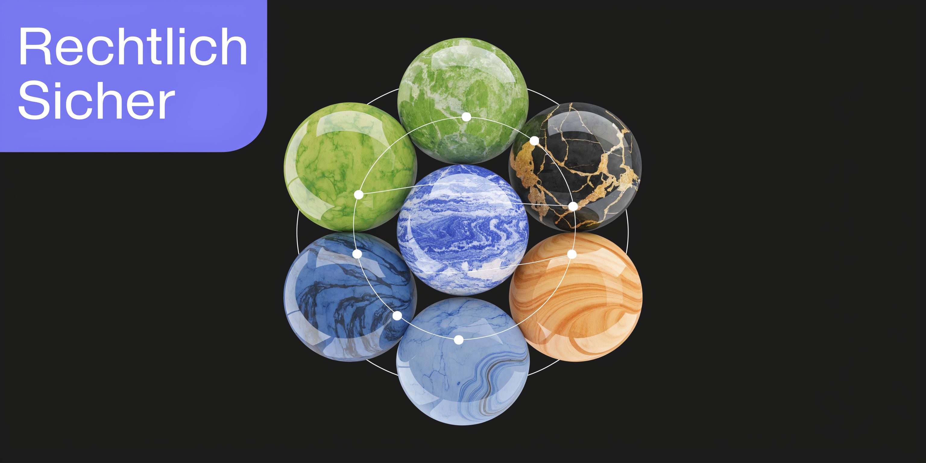 Eine grafische Darstellung von sieben verschiedenen texturierten Kugeln, die in einer Blumenstruktur auf schwarzem Hintergrund angeordnet sind.