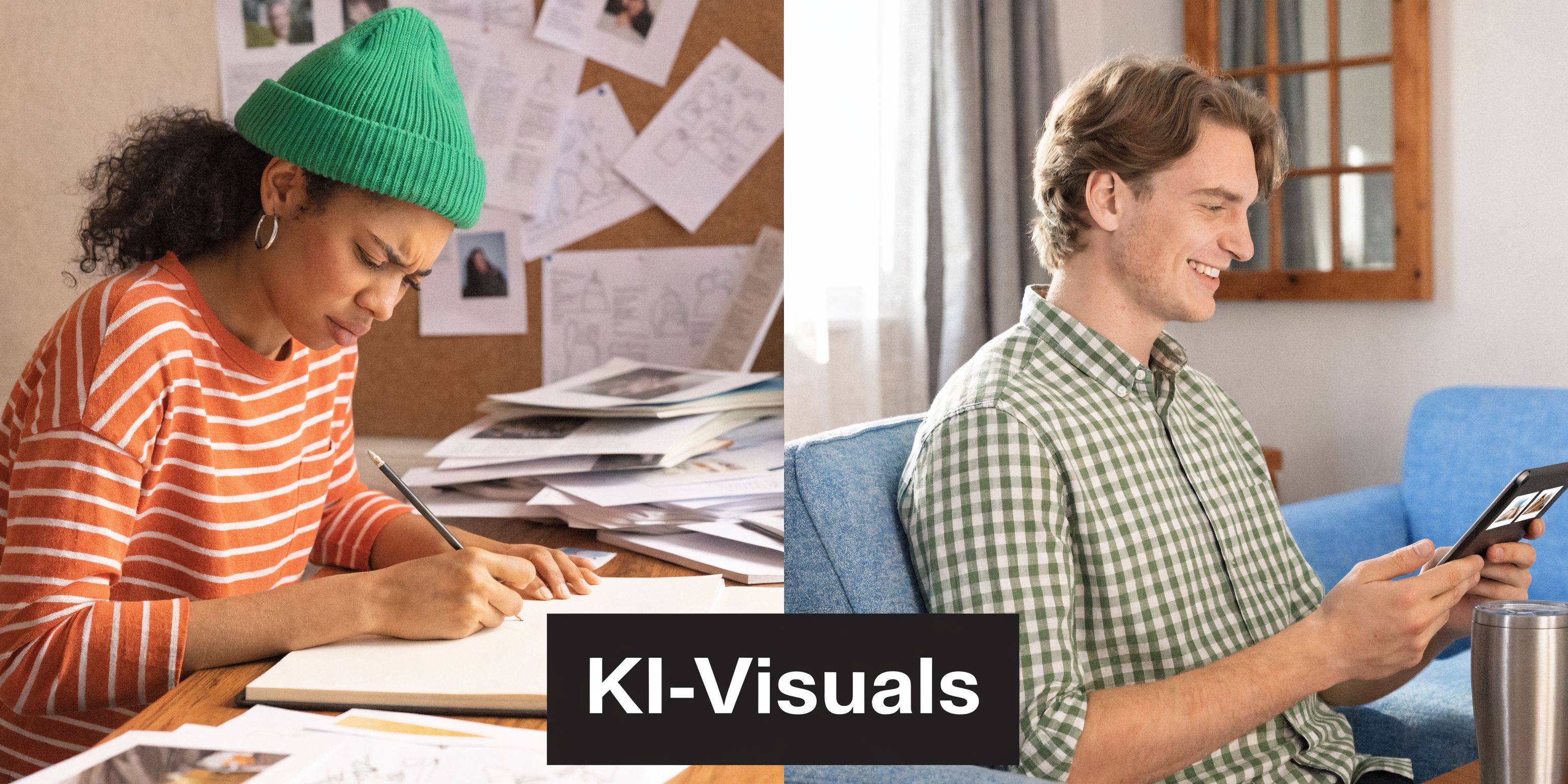 Eine Frau in einer grünen Mütze beim Zeichnen und ein Mann mit Tablet sitzen nebeneinander.