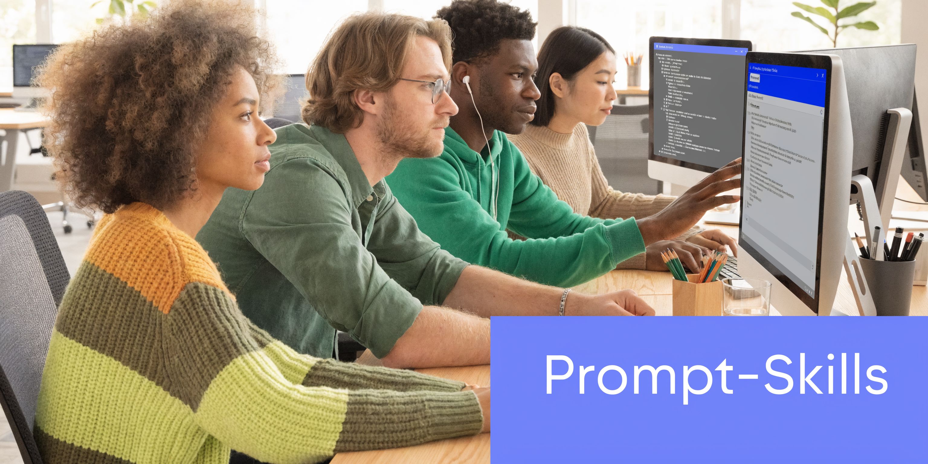 Ein diverses Team von jungen Erwachsenen arbeitet konzentriert zusammen an einem Computerbildschirm in einem modernen Büro.