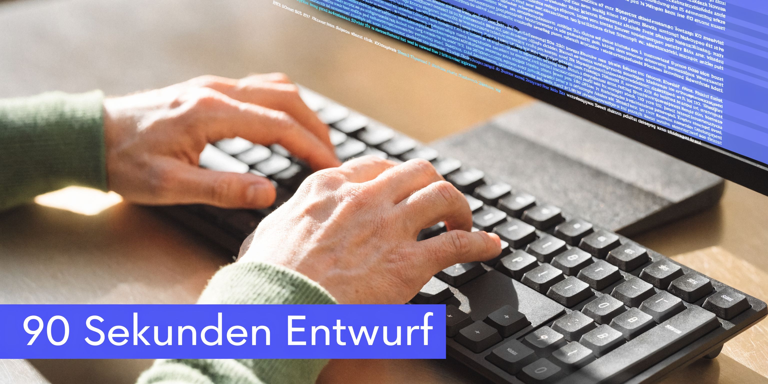 Nahaufnahme von Händen, die an einer Tastatur tippen, während auf dem Bildschirm ein Text angezeigt wird.