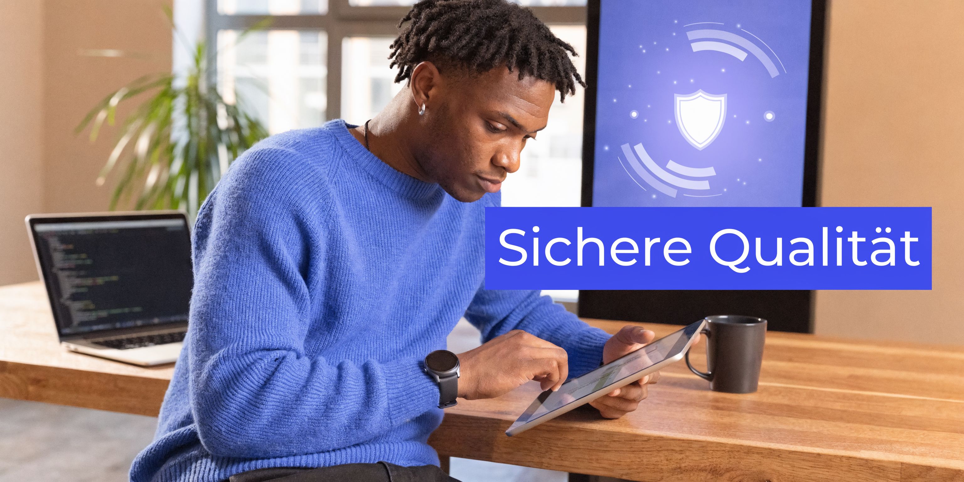 Ein junger Mann arbeitet an seinem Tablet in einem modernen Büro mit einem blauen Sicherheitssymbol im Hintergrund.
