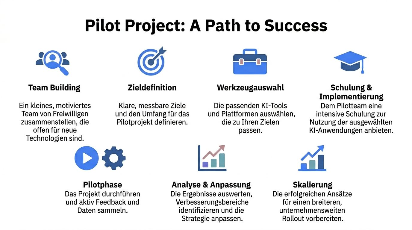 Eine Infografik mit dem Titel Pilot Project: A Path to Success, die sieben Schritte zur Einführung von KI-Technologien darstellt.